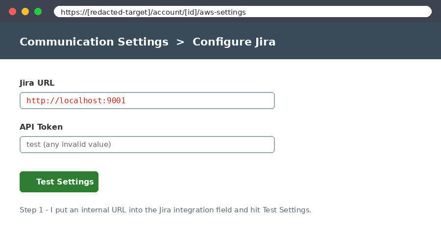 The Jira integration settings form with an internal localhost URL typed into the URL field